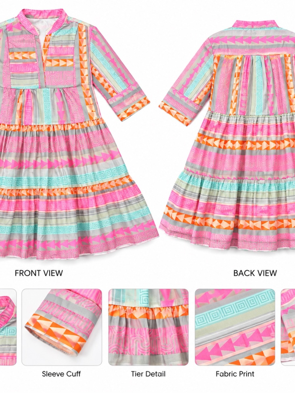 Girls' Pink Multi-Stripe Long-Sleeve Tiered Dress